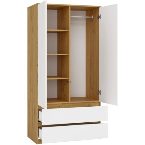 Szafa Garderoba 2D2S 90 cm 2 Szuflady 4 Półki Drążek Duża Artisan Biel