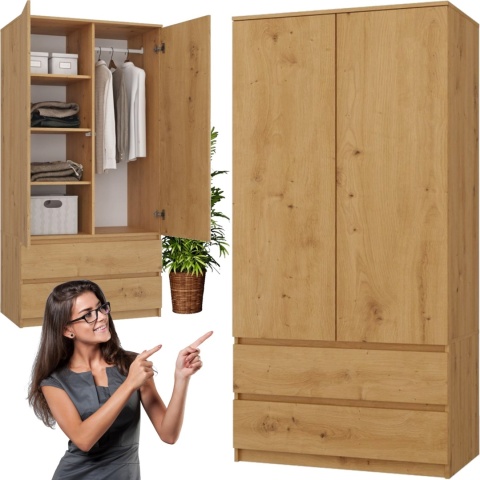 Szafa Garderoba 2D2S 90 cm 2 Szuflady 4 Półki Drążek Dwudrzwiowa Artisan