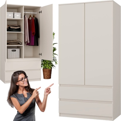 Szafa Garderoba 2D2S 90 cm 2 Szuflady 4 Półki Drążek Dwudrzwiowa Kaszmir