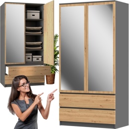 Szafa Z Lustrem Garderoba 2D2S 90 cm 2 Szuflady 4 Półki Antracyt Artisan