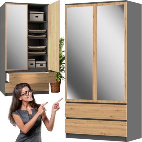 Szafa Z Lustrem Garderoba 2D2S 90 cm 2 Szuflady 4 Półki Antracyt Artisan