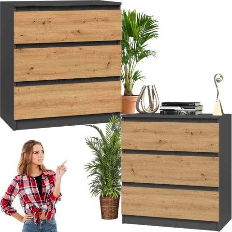Komoda z 3 szufladami Lilia 70 cm Duża Do Salonu Pojemna Antracyt Artisan