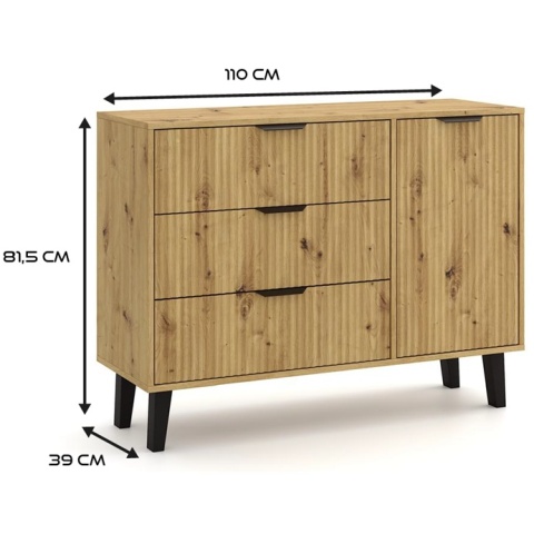 Komoda Szafka z 3 Szufladami Ryflowana Duża Do Salonu Dąb Artisan Capri